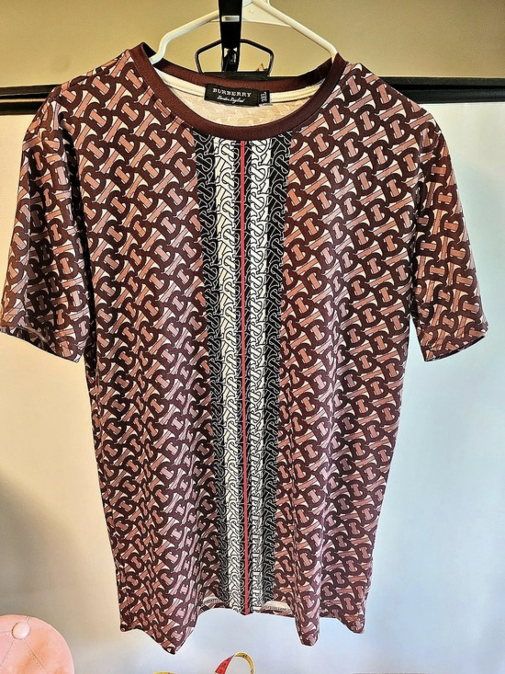 Burberry Monogram Stripe Print Cotton T-Shirt in Brown & Red